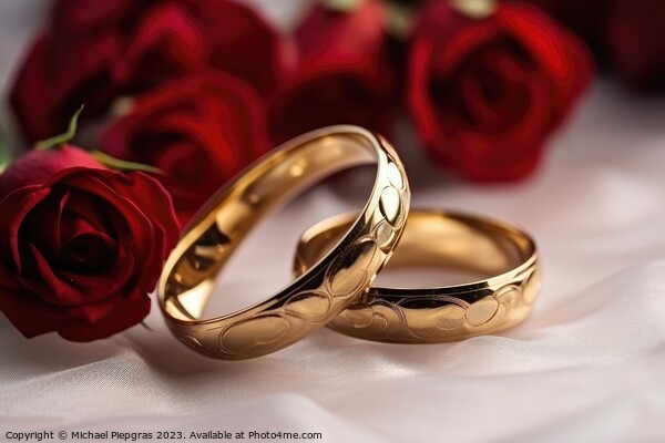 Two wedding rings made of gold on a light surface with some rose Picture Board by Michael Piepgras