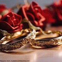 Buy canvas prints of Two wedding rings made of gold on a light surface with some rose by Michael Piepgras