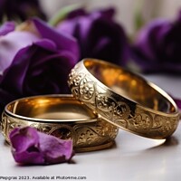 Buy canvas prints of Two wedding rings made of gold on a light surface with some rose by Michael Piepgras
