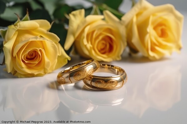 Two wedding rings made of gold on a light surface with some rose Picture Board by Michael Piepgras