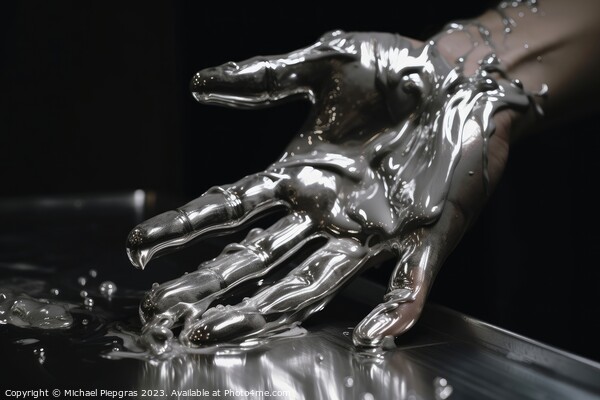 Male human hand made of liquid metal created with generative AI  Picture Board by Michael Piepgras