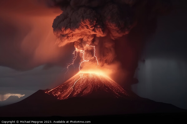 A big volcano erupts with a dark ash cloud in the sky with light Picture Board by Michael Piepgras