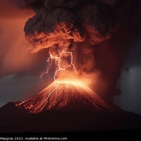 Buy canvas prints of A big volcano erupts with a dark ash cloud in the sky with light by Michael Piepgras