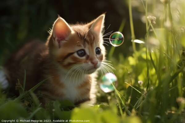 A cute kitten plays with soap bubbles in the flat grass created  Picture Board by Michael Piepgras