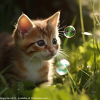 Buy canvas prints of A cute kitten plays with soap bubbles in the flat grass created  by Michael Piepgras