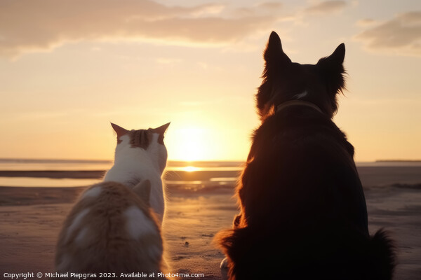 A dog and a cat seen from behind on the beach look dreamily into Picture Board by Michael Piepgras