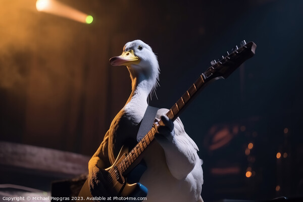 A duck plays rock music on an electric guitar with its wing on a Picture Board by Michael Piepgras