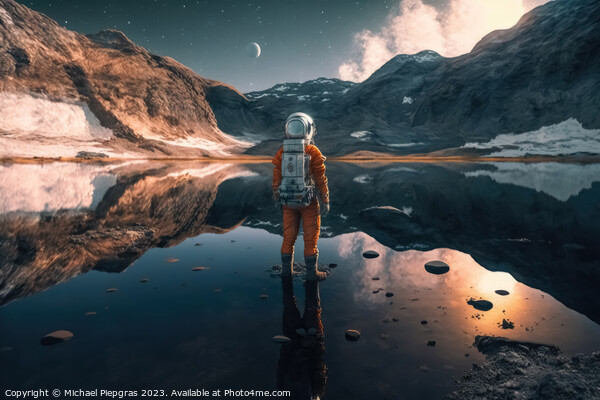 A female astronaut stands by a lake and looks at the stars creat Picture Board by Michael Piepgras