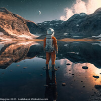 Buy canvas prints of A female astronaut stands by a lake and looks at the stars creat by Michael Piepgras