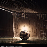 Buy canvas prints of A football goal without a goalkeeper - a ball flying into the ne by Michael Piepgras