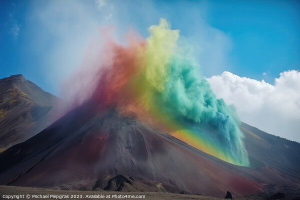 A huge volcano seen from far away erupting rainbow colored colou Picture Board by Michael Piepgras