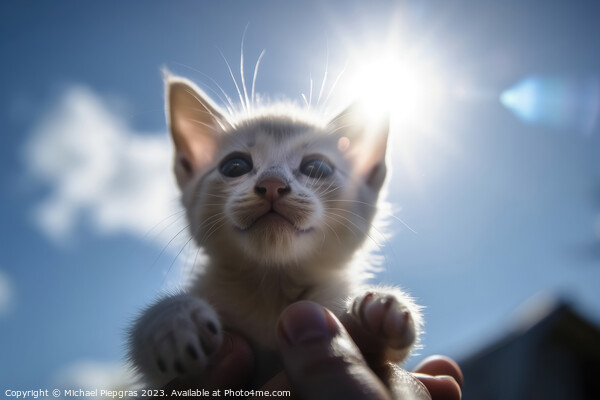 A human hand holds a small kitten in the air sunlight from the f Picture Board by Michael Piepgras