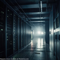 Buy canvas prints of A large data centre with many computer racks in dark light with  by Michael Piepgras