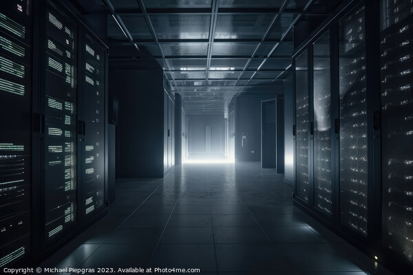 A large data centre with many computer racks in dark light with  Picture Board by Michael Piepgras