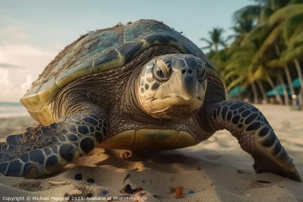 A large turtle drags itself onto a beach created with generative Picture Board by Michael Piepgras