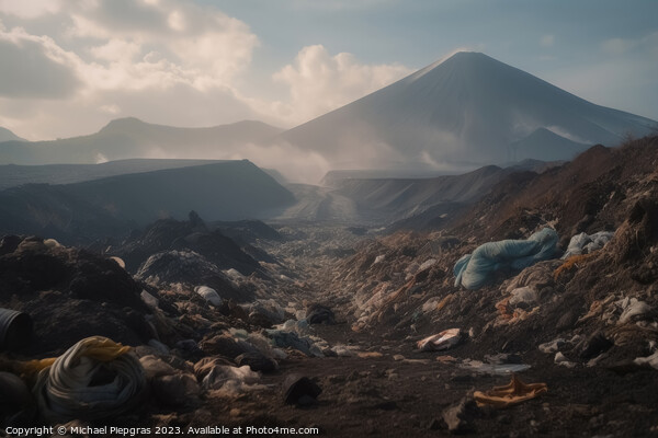 A large volcano and a huge amount of plastic waste on the landsc Picture Board by Michael Piepgras