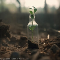 Buy canvas prints of A single green seedling in a glass bottle on an apocalyptic dry  by Michael Piepgras