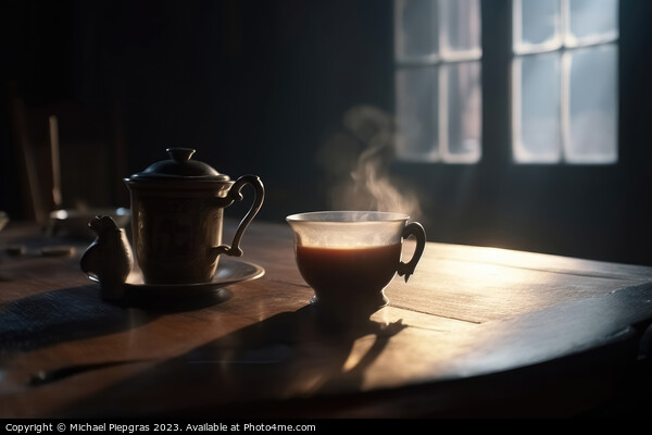 A steaming cup of tea on a table in a cosy old room created with Picture Board by Michael Piepgras