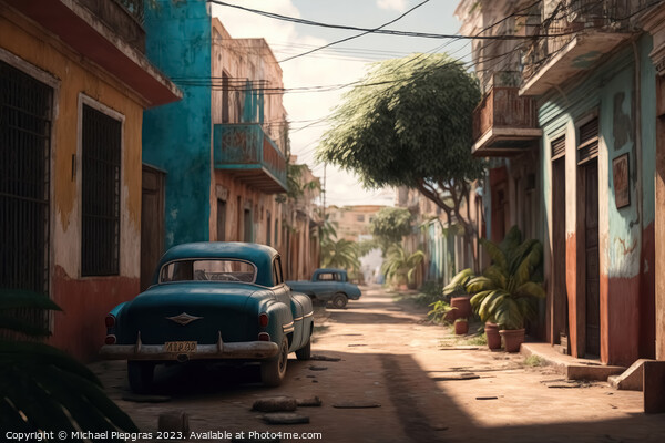 A Street in a town in a cubanic look with a lot of old rusty car Picture Board by Michael Piepgras