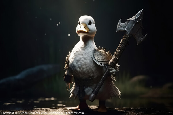A white duck as a barbarian with a big axe and shining armour cr Picture Board by Michael Piepgras