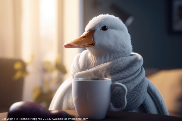 A white duck wearing a scarf and having a coffee created with generative AI technology Picture Board by Michael Piepgras