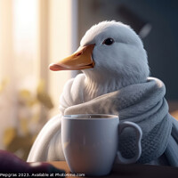 Buy canvas prints of A white duck wearing a scarf and having a coffee created with generative AI technology by Michael Piepgras