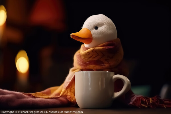 A white duck wearing a scarf and having a coffee created with ge Picture Board by Michael Piepgras
