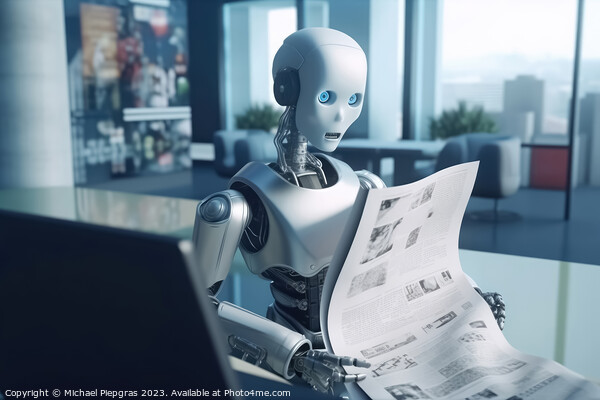 AI Robot reading a newspaper in an office created with generativ Picture Board by Michael Piepgras