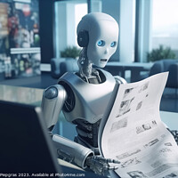 Buy canvas prints of AI Robot reading a newspaper in an office created with generativ by Michael Piepgras