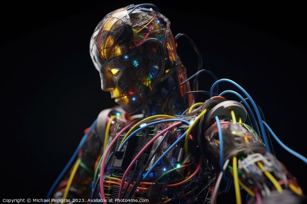 An AI robot almost completely wrapped in brightly coloured fibre Picture Board by Michael Piepgras