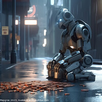 Buy canvas prints of A homeless AI robot sitting on a street corner begging for a few by Michael Piepgras