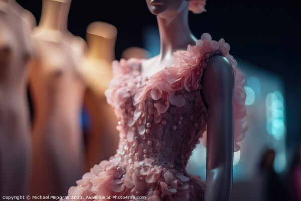 An innovative Elegant Dress made of candyfloss on a Mannequin wi Picture Board by Michael Piepgras