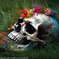 Buy canvas prints of Colorful flowers growing out of a skull some grass on the ground by Michael Piepgras