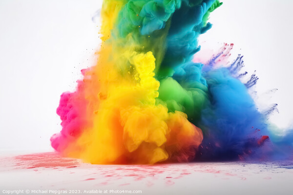 Exploding colour powder in rainbow colours on a white background Picture Board by Michael Piepgras