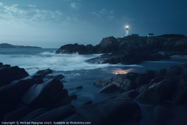 Long exposure of a rocky coast with a lighthouse on it created with generative AI technology Picture Board by Michael Piepgras