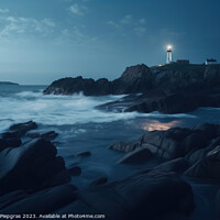 Buy canvas prints of Long exposure of a rocky coast with a lighthouse on it created with generative AI technology by Michael Piepgras