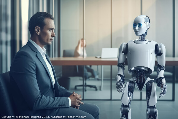 Man and AI robot waiting for the same job interview created with Picture Board by Michael Piepgras