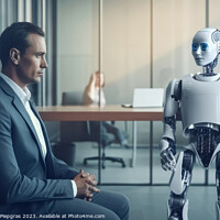 Buy canvas prints of Man and AI robot waiting for the same job interview created with by Michael Piepgras