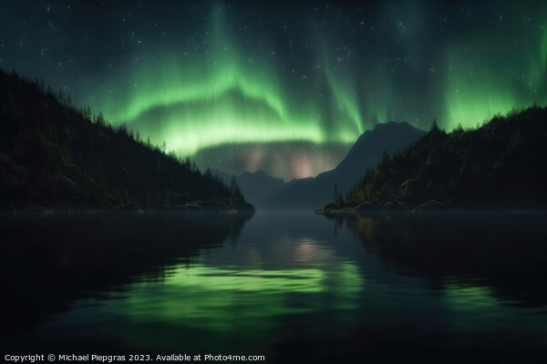 Auroras in green colour and stars over a lake with reflections o Picture Board by Michael Piepgras