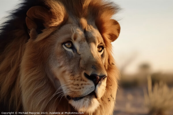 Portrait of a strong male lion with the African savanna in the b Picture Board by Michael Piepgras