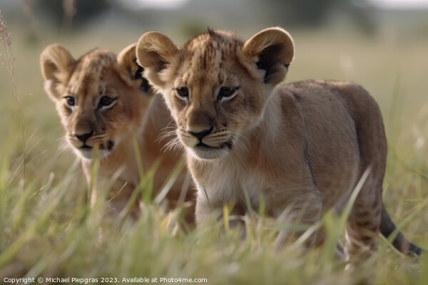 Two cute lion cubs playing in the flat grass of the savannah cre Picture Board by Michael Piepgras