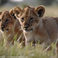 Buy canvas prints of Two cute lion cubs playing in the flat grass of the savannah cre by Michael Piepgras