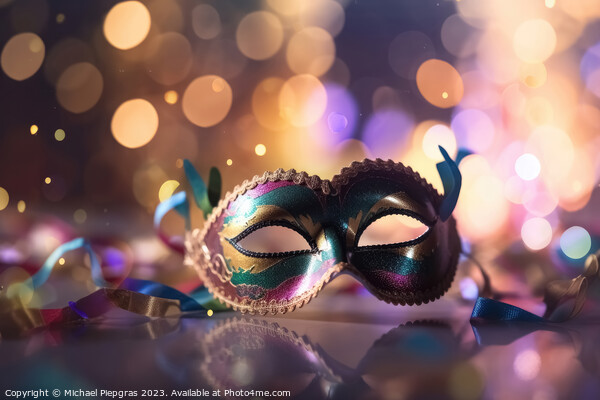 Venetian carnival mask with shiny lights and a defocused bokeh c Picture Board by Michael Piepgras