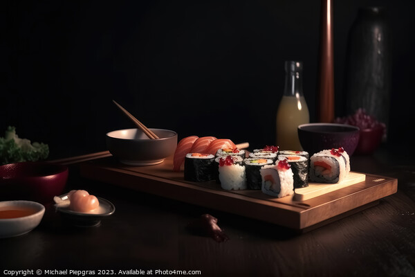 Very tasty sushi served on a dark wooden plate with chopsticks a Picture Board by Michael Piepgras
