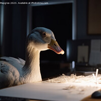 Buy canvas prints of A goose with white feathers works hard at a desk in the office c by Michael Piepgras
