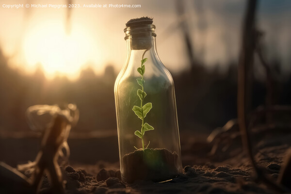 A single green seedling in a glass bottle on an apocalyptic dry  Picture Board by Michael Piepgras