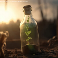 Buy canvas prints of A single green seedling in a glass bottle on an apocalyptic dry  by Michael Piepgras