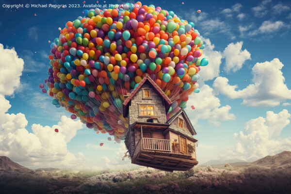 A small vintage house floats through the sky on many colourful b Picture Board by Michael Piepgras