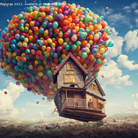 Buy canvas prints of A small vintage house floats through the sky on many colourful b by Michael Piepgras