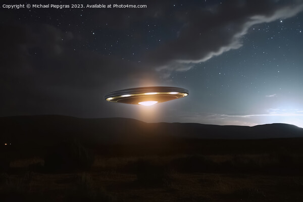 A UFO with a spotlight pointed at the bottom of the landscape -  Picture Board by Michael Piepgras
